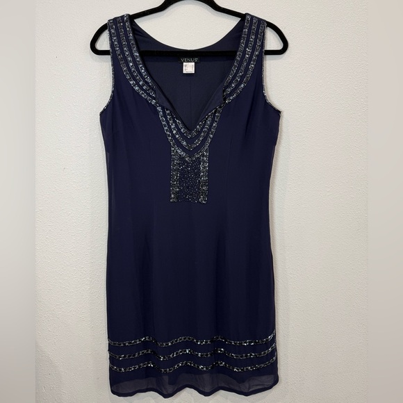 VENUS Navy Beaded V-Neck Sleeveless Dress Size 2 Double Layer Sheer Overlay - Picture 2 of 12